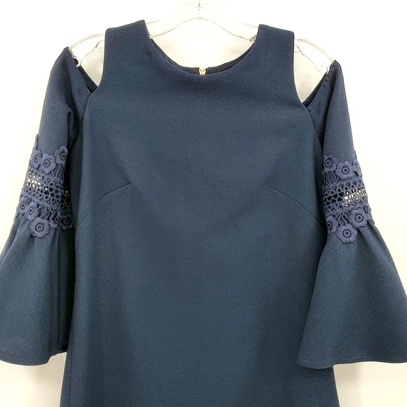 Eliza J Navy Blue Cold Shoulder Bell Sleeve Cocktail Dress - Picture 3 of 11